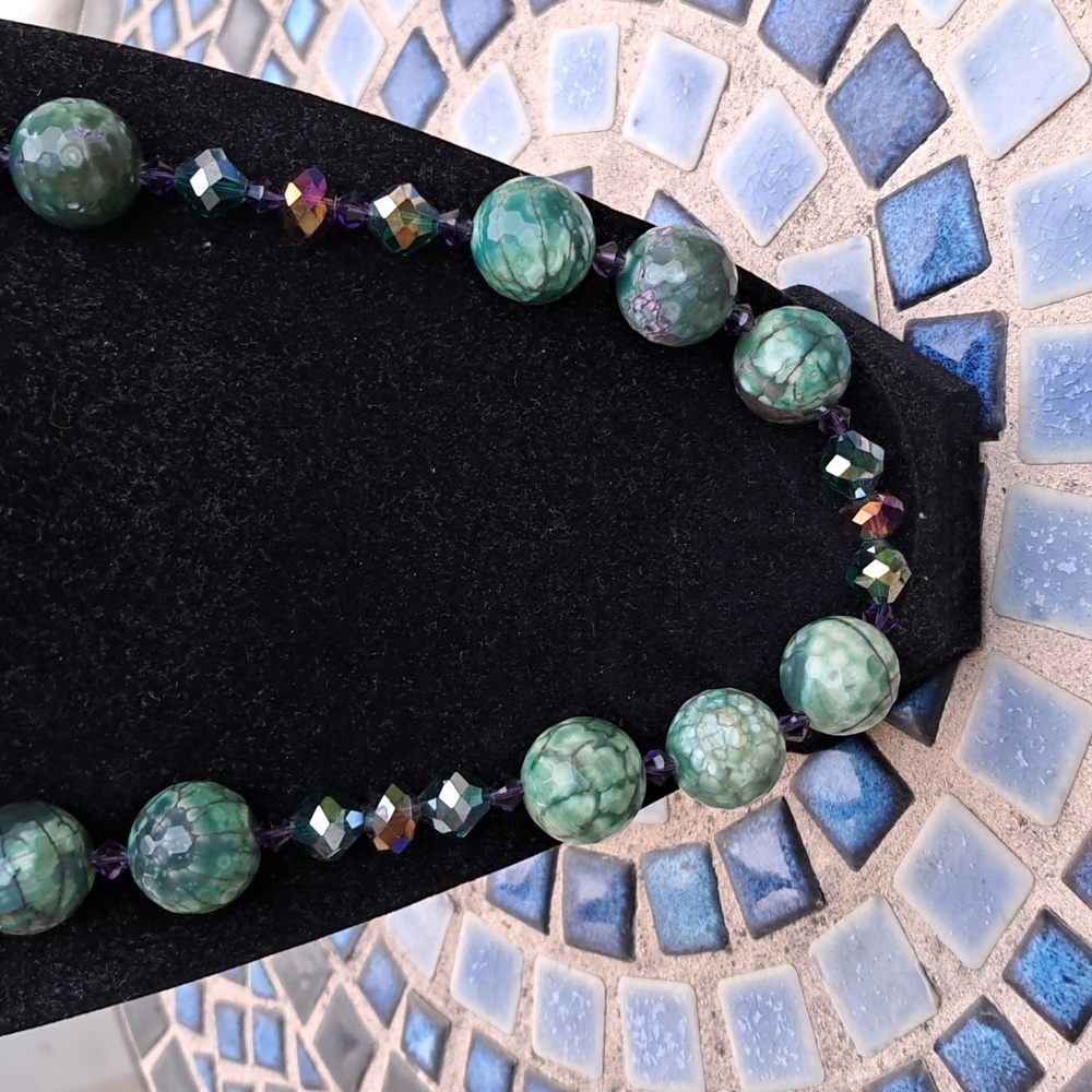 925 Sterling Silver Facted Green Stone Green/Purple Beaded Necklace.